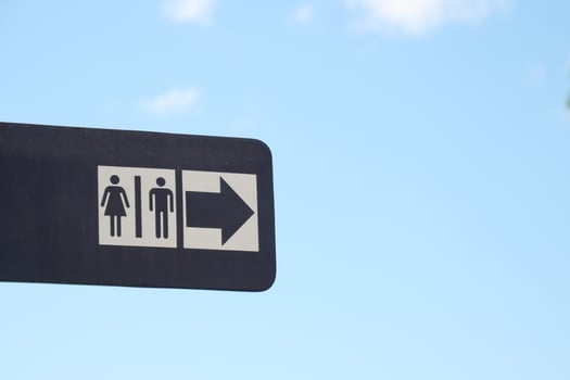 Directional signage indicating restrooms near a clear sky photo