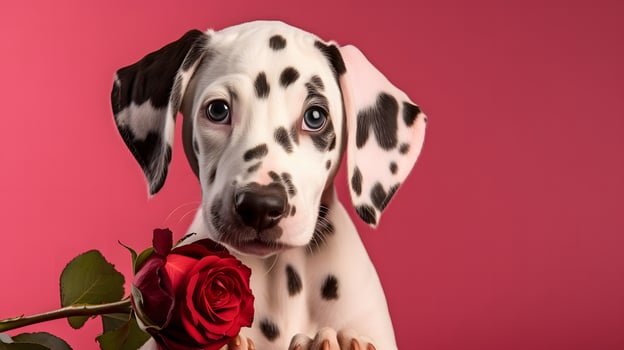 Dalmatian puppy holding rose studio background portrait photo warm environment close-up view cute concept
