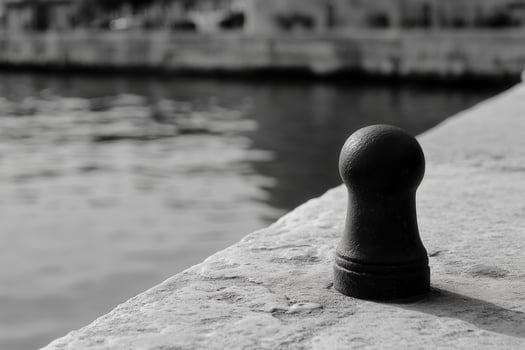 A mooring post by the water's edge in black and white. photo