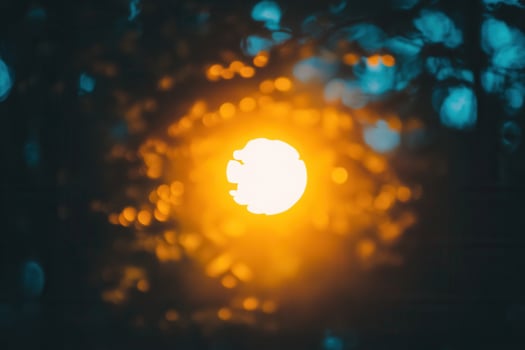 Blurred sunset through foliage creating a warm glow. photo