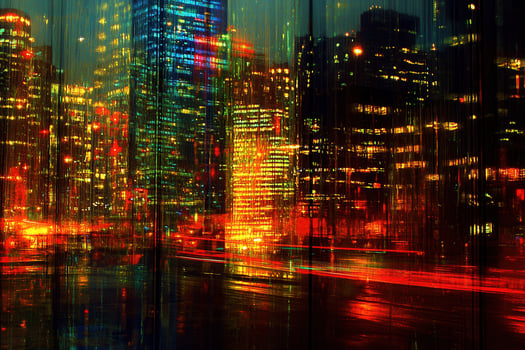 Abstract cityscape with vibrant lights and reflections. photo