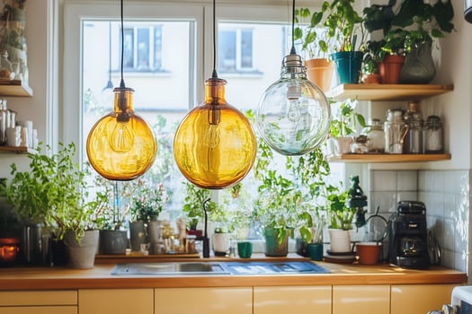 Cozy kitchen with plants and stylish pendant lights. photo