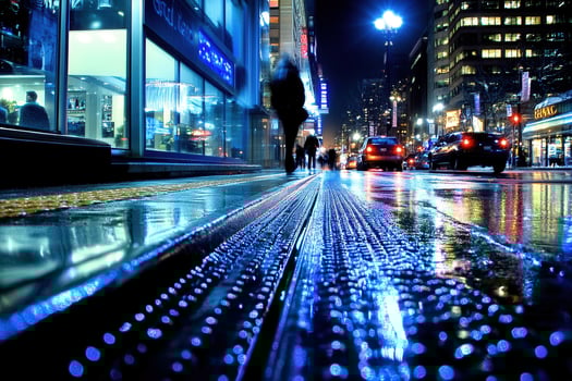 Nighttime urban scene with reflections on wet pavement. photo