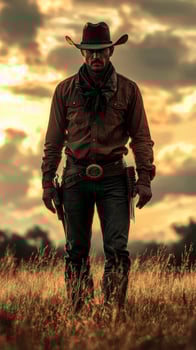 Cowboy standing in a field during sunset with dramatic clouds in the background photo