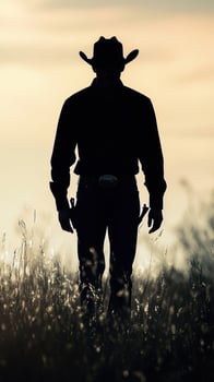 Silhouette of a cowboy standing in tall grass during sunset in an open landscape photo