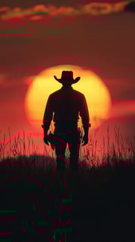 Silhouette of a cowboy against a vibrant sunset on an open range at dusk photo