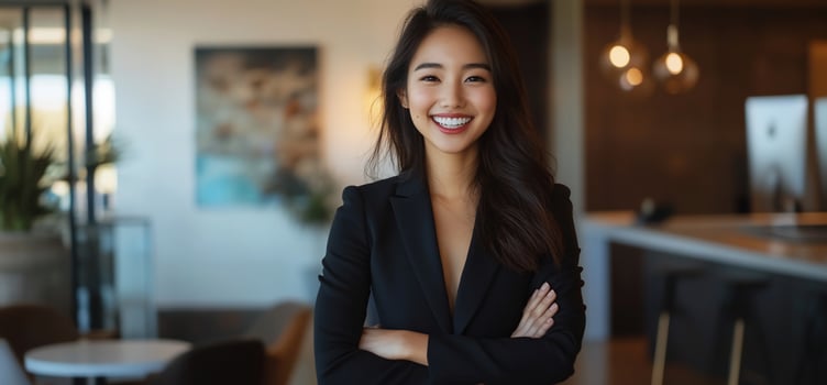 Confident businesswoman in modern office setting photo