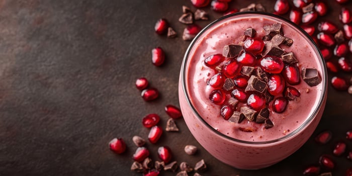 Pomegranate smoothie with chocolate chips displayed on a dark background photo