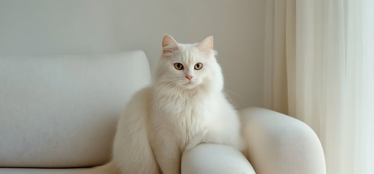Fluffy White Cat on a Light Sofa photo