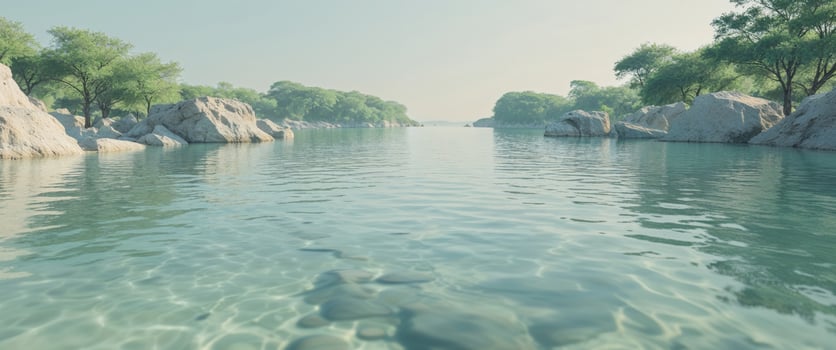 A large body of water surrounded by rocks and trees photo
