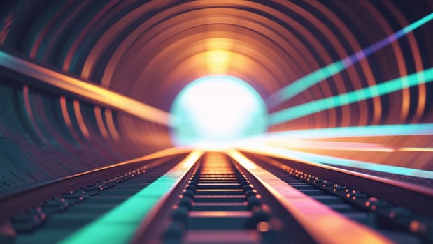 A mesmerizing view of a glowing tunnel with illuminated tracks leading towards a bright light photo
