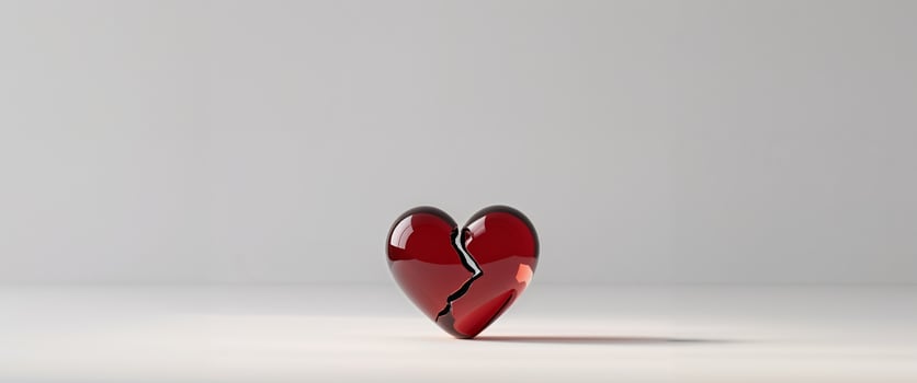 Red glass heart shaped like a broken heart on a solid background. photo