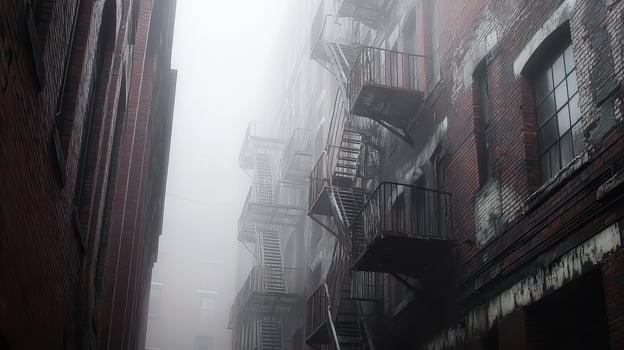 A foggy alleyway with brick buildings and fire escapes, creating a mysterious atmosphere. photo
