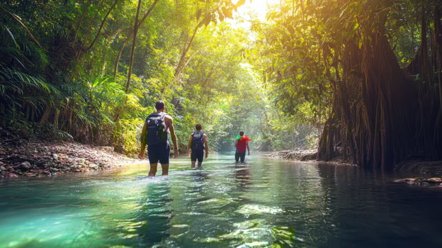 A group of people walking through a tranquil river in a lush, green forest photo
