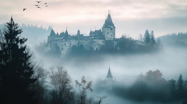 A misty castle emerges from fog, creating a mysterious and enchanting atmosphere photo