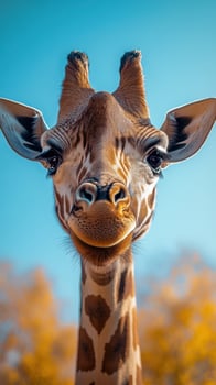 Giraffe gazes curiously against a clear blue sky in a tranquil natural habitat during daylight hours photo
