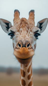 Giraffe close-up showcasing unique facial features in a natural environment during overcast weather photo