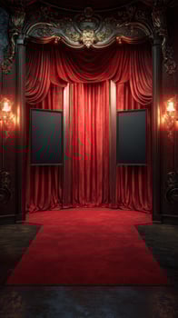 Elegant theater stage with rich red curtains and empty frames in a luxurious setting, perfect for a performance or presentation photo