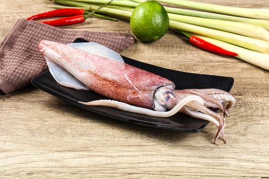 A squid on a plate with a knife and some other vegetables photo