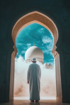 Man in white robe standing in front of mosque photo