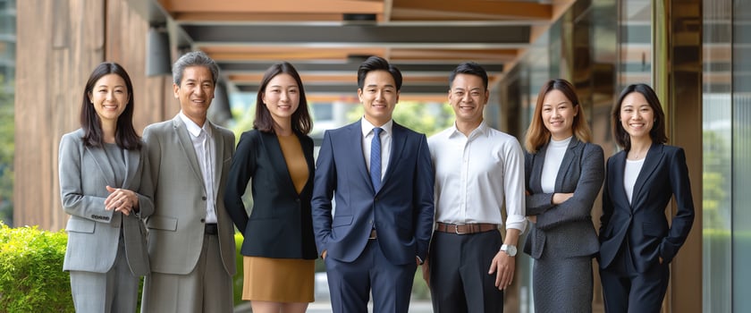 A diverse group of business professionals, including four women and three men, pose confidently outdoors in modern attire. photo
