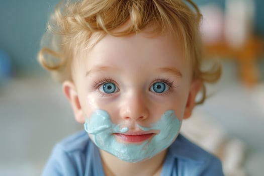 A cheerful Caucasian toddler with curly hair enjoys a fun face mask at home, framed by bright, soft lighting. photo