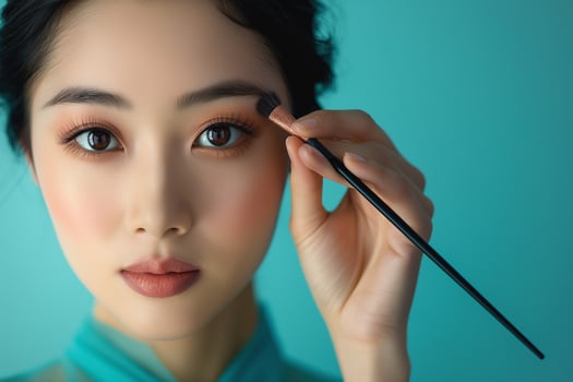 A young Asian woman applying makeup with a brush, set against a soft turquoise background, exuding elegance and focus. photo