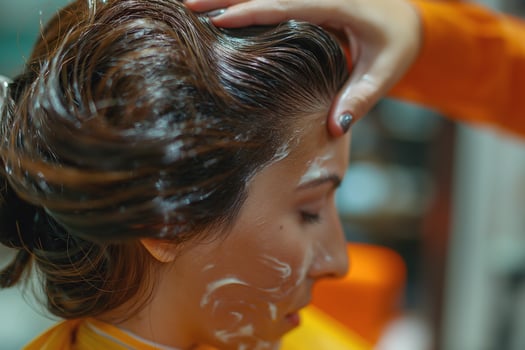 A young woman of Middle-Eastern descent receives a hair treatment in a salon, showcasing vibrant hair colors and attentive care. photo