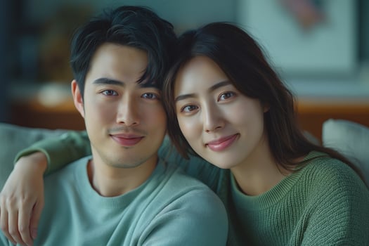 A young East Asian couple smiles warmly, enjoying a cozy moment together at home, radiating love and connection. photo
