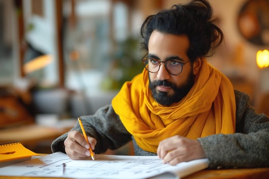 Concentrated young South Asian male artist in a cozy workspace, dressed in a warm scarf, illustrating designs with a pencil. photo