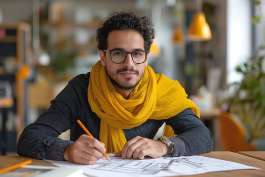 A young Middle-Eastern man with curly hair and glasses is sketching designs at a wooden table, radiating creativity and focus. photo