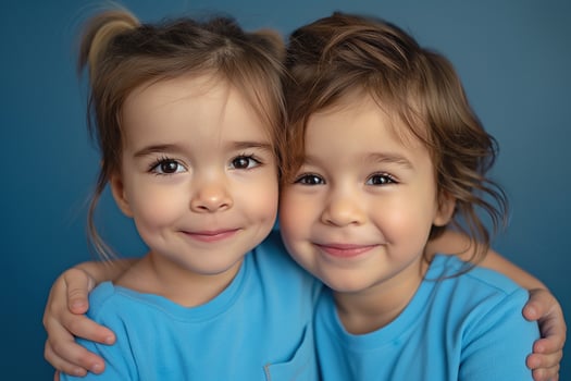 Two smiling young girls with brown hair and blue shirts share a warm embrace against a blue background. photo