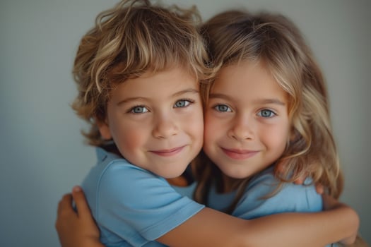 Two cheerful Caucasian children, a boy and a girl, happily embracing each other with bright smiles and sparkling blue eyes. photo