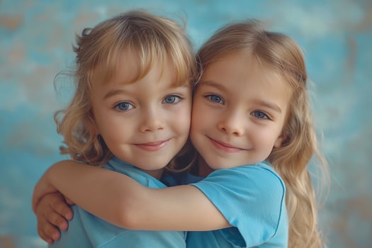 Two young Caucasian girls with blue eyes embrace warmly, radiating joy and friendship. photo