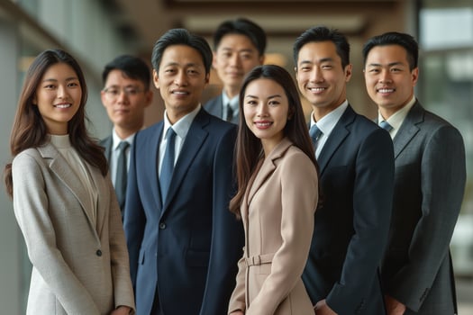 A diverse group of young professionals, including three women and four men, posed confidently in an elegant office setting. photo