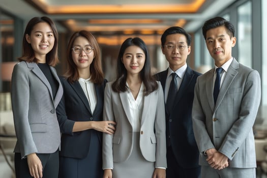 A diverse group of professionals poses confidently in a modern office setting, showcasing teamwork and collaboration. photo