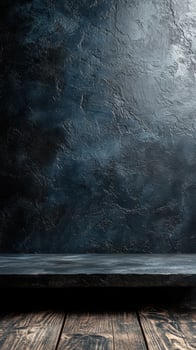 Textured black wall with wooden shelf creating a dramatic and elegant backdrop for display photo
