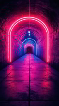 Vibrant neon lights illuminate a dark tunnel creating an inviting atmosphere in an urban setting at night photo