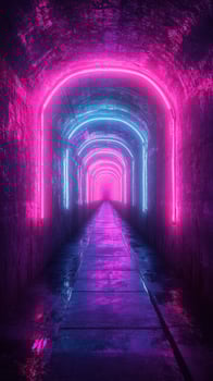 Neon lit tunnel with pink and blue lights creates a surreal atmosphere in an underground setting photo