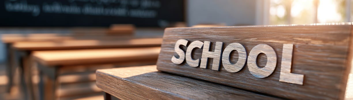 Polished wood school desk features the word SCHOOL engraved on its surface, illuminated by soft golden lighting, with a blurred chalkboard enhancing the vintage academic atmosphere photo