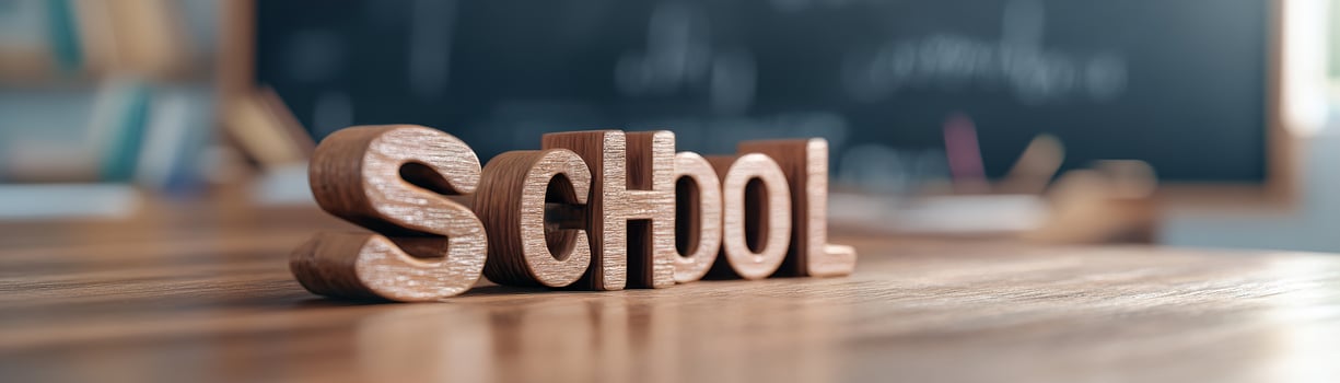 The polished wooden school desk features the word SCHOOL elegantly engraved on its surface. Soft golden light enhances the vintage academic atmosphere of the blurred classroom background photo