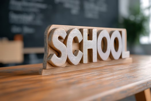 A polished wood school desk features the word SCHOOL engraved on its surface. Soft golden lighting enhances the vintage academic ambiance against a blurred chalkboard backdrop photo