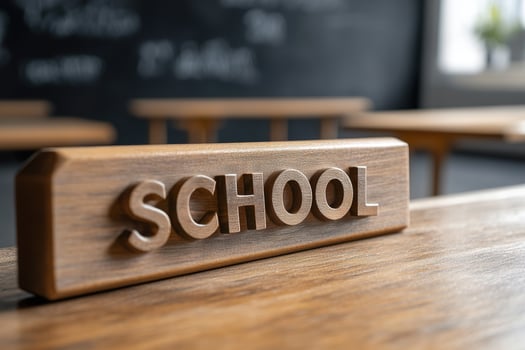 A polished wooden school desk featuring the word school engraved into its surface. Soft golden light illuminates the nostalgic setting, creating a comforting and academic atmosphere photo