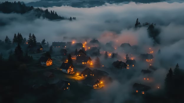 A misty village illuminated by warm lights, creating a serene, enchanting atmosphere photo