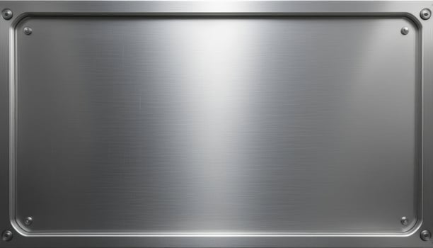 A brushed metal plate with screws at the corners, creating a textured and industrial look. Useful for backgrounds, design elements, and representing strength and durability. photo