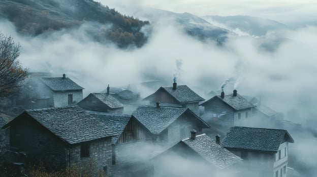 A misty village nestled in the mountains, shrouded in fog and smoke from chimneys photo