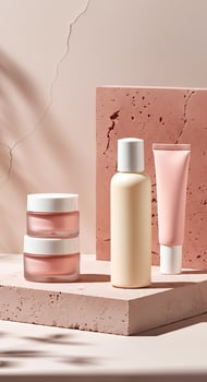 Cosmetic products displayed on stone blocks with a cracked wall backdrop photo