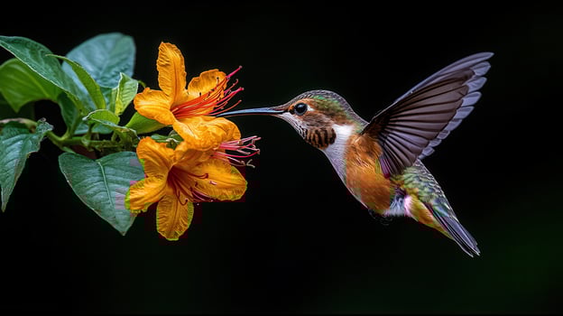 Vibrant Hummingbird Feeding on Orange Flowers Close up Nature Photography photo