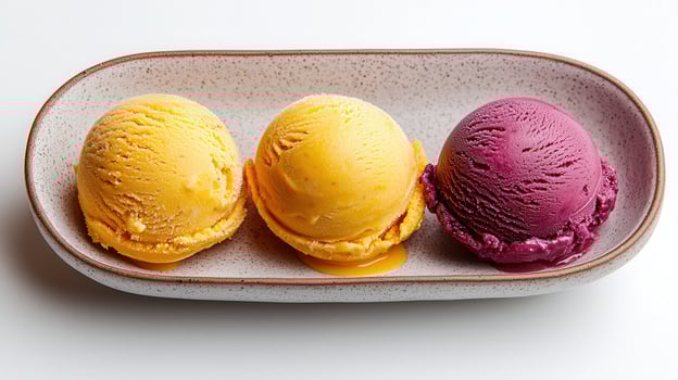 Delicious Mango and Berry Ice Cream Scoops on Plate photo