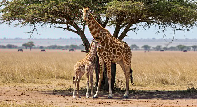 A giraffe and a baby giraffe standing under a tree photo